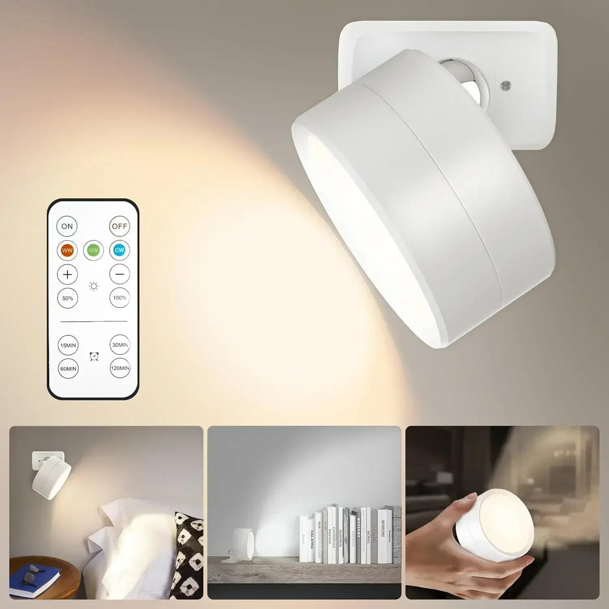 Rechargeable Wall Sconce | Magnetic LED Puck Light, 360° Swivel | Remote and Touch Dimming, Single or Set of 2