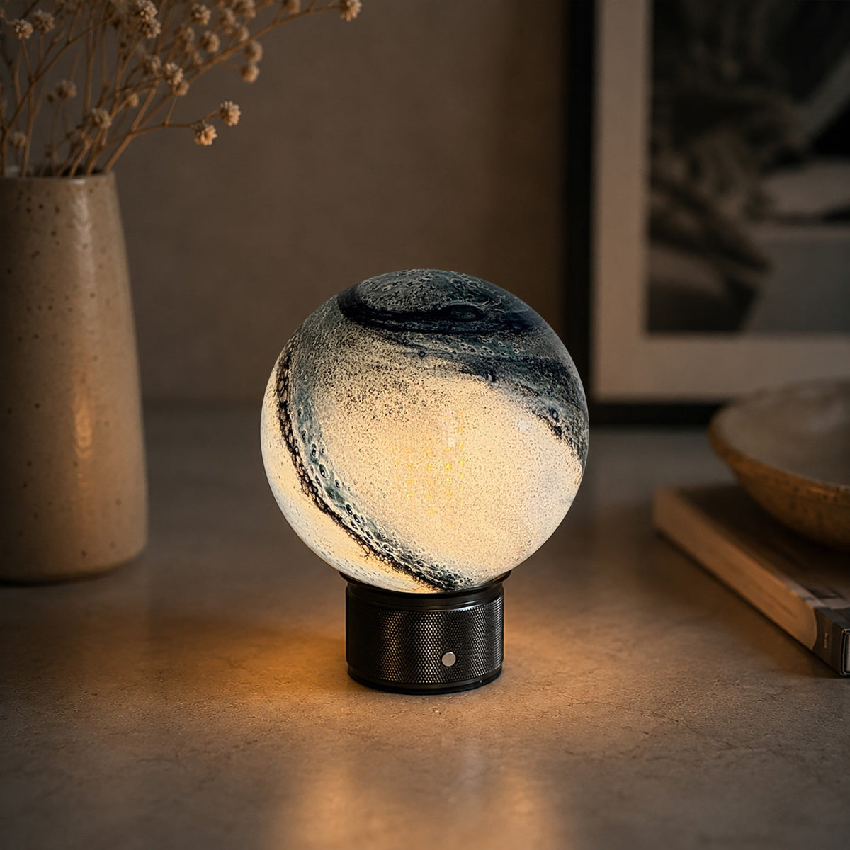 Cordless Glass Globe Lamp | 5.8 in Blue Glass Globe on a Metal Base | Rechargeable, 3 Brightness Levels, 25 Hours