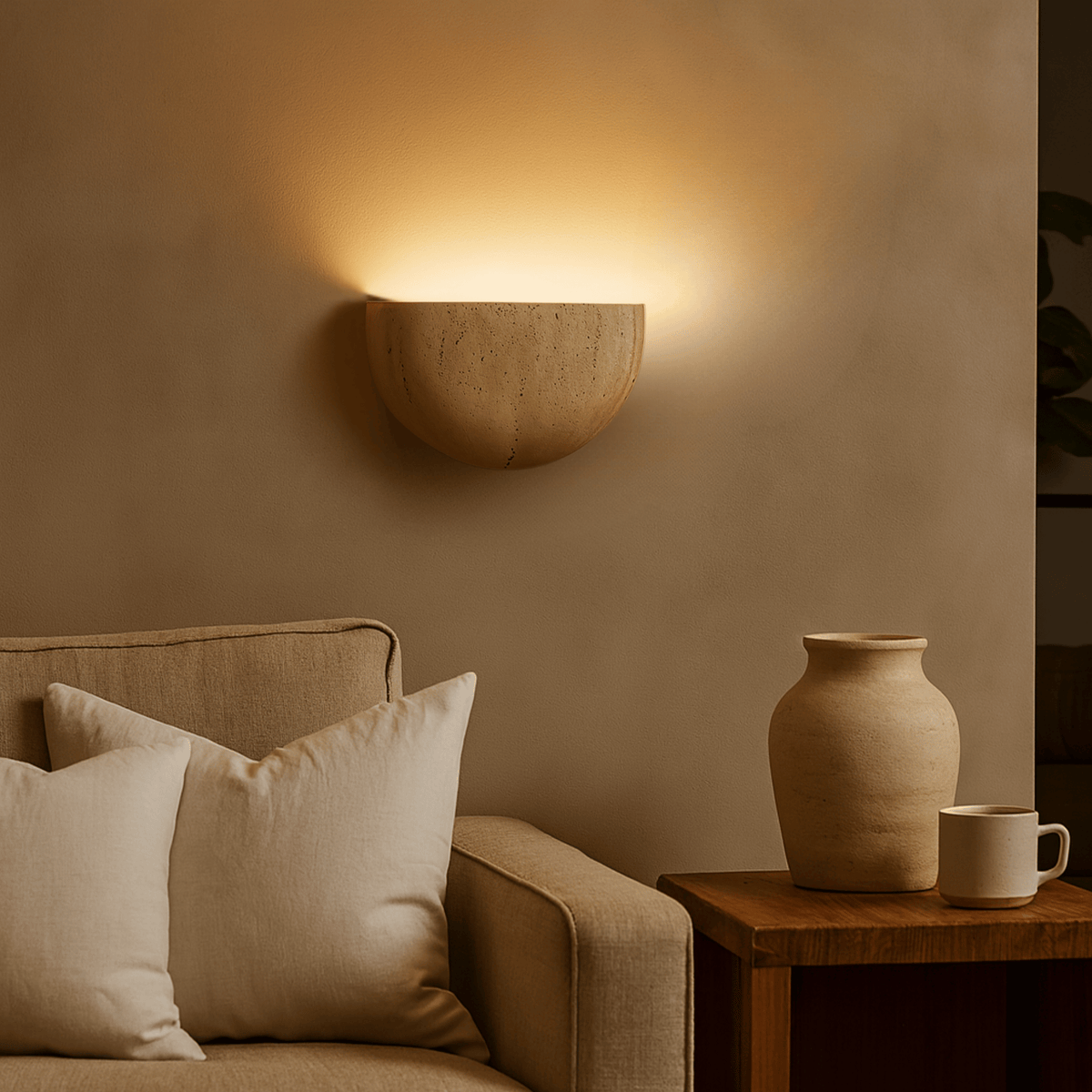 Travertine Stone Wall Sconce | Half-Bowl Uplight, G9 LED Bulb Included | 7.9 in Wabi-Sabi Wall Washer, Hardwired