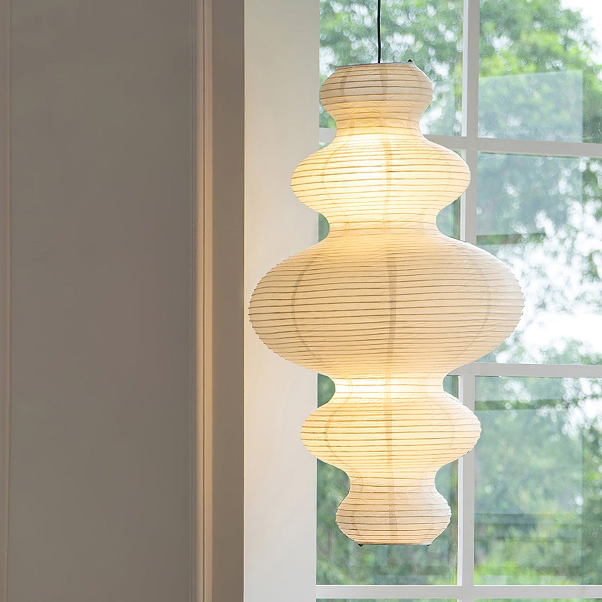 Rice Paper Pendant Light | 18.5 x 32 in Sculptural Paper Shade on a Bamboo Frame | Plug-In, 15 ft Cord, E26