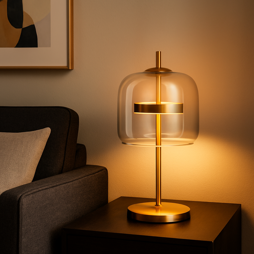 Glass Dome Table Lamp | Amber, Smoky Gray or Clear Glass on Gold Stem | 17 in Bedside Lamp, LED Included