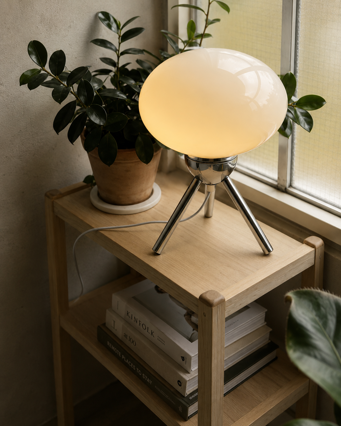 Glass Globe Table Lamp | Glossy Orb Shade on Polished Metal Tripod | 10-12 in Retro Lamp in Mint, Cream or Red