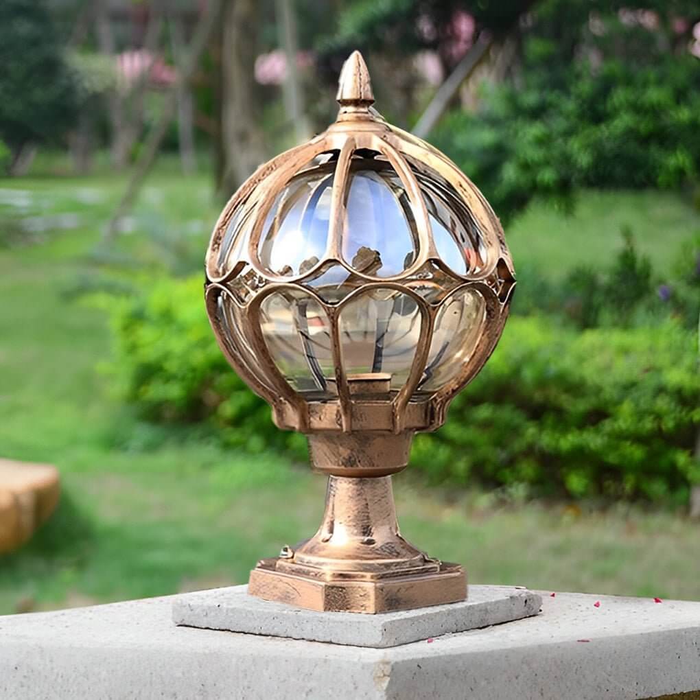 Outdoor Globe Pillar Light | Retro Glass Shade with Copper Base | IP54 Weather-Resistant Design