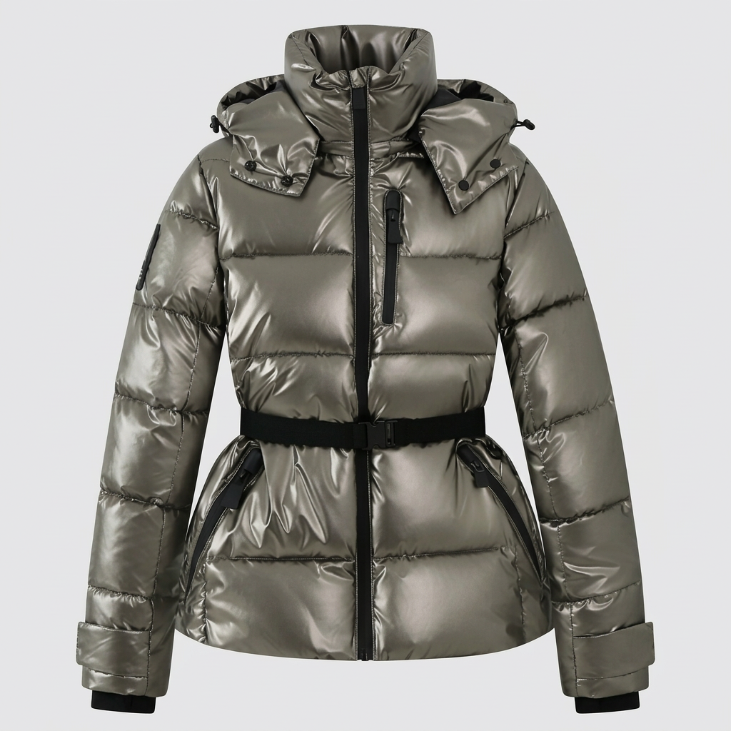 Women's Belted Puffer Jacket | Horizontal Quilting, High Collar, Zip Pockets, Hooded | 3 Colours, S to 2XL