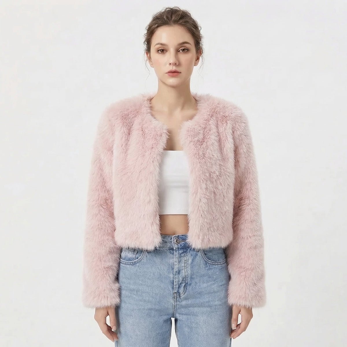 Women's Faux Fur Jacket | Cropped Open-Front Design, Long Sleeves, Lightweight Lining | 7 Colours, S to 2XL
