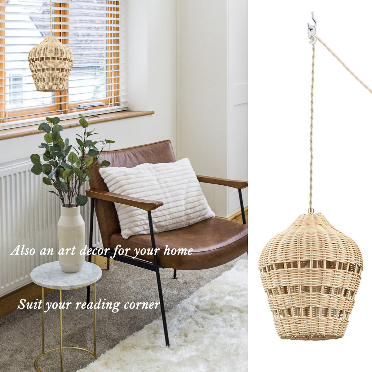 Rattan Plug-In Pendant Light | Woven Boho Shade, 16.4 ft Cord with Switch | E26, Kitchen & Bedroom Hanging Lamp