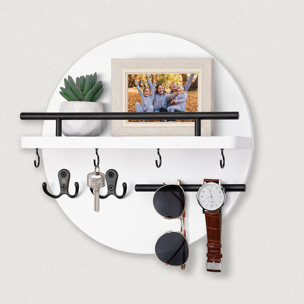 Round Wooden Key Holder | Eco-Friendly Wall Organiser with Hooks