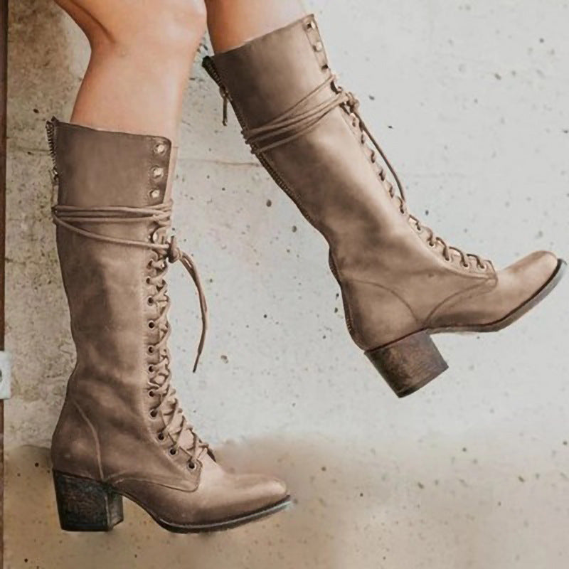 Women's Leather Lace-Up Boots | Side Zip, Stacked Block Heel, Pointed Toe | Mid-Calf Height, 5 Colours