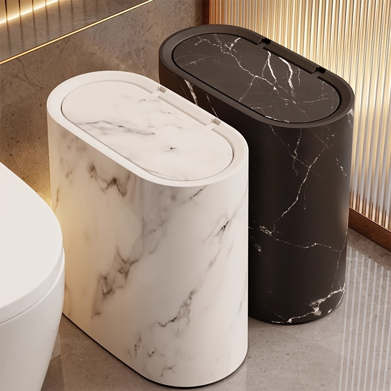Marble Pattern Trash Can | Space-Saving Oval Design with Lid
