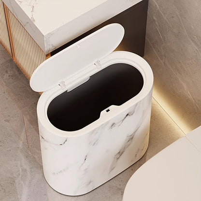 Marble Pattern Trash Can | Space-Saving Oval Design with Lid