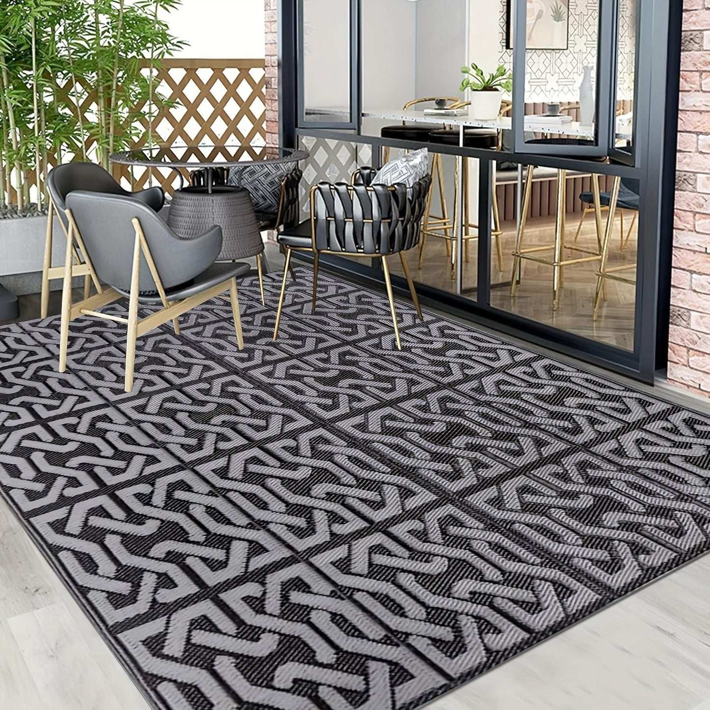 Outdoor Rug | Reversible Black & Grey Geometric Mat, Lightweight & Easy to Clean