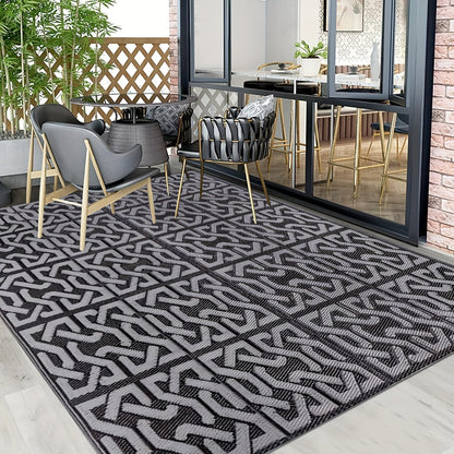 Outdoor Rug | Reversible Black & Grey Geometric Mat, Lightweight & Easy to Clean