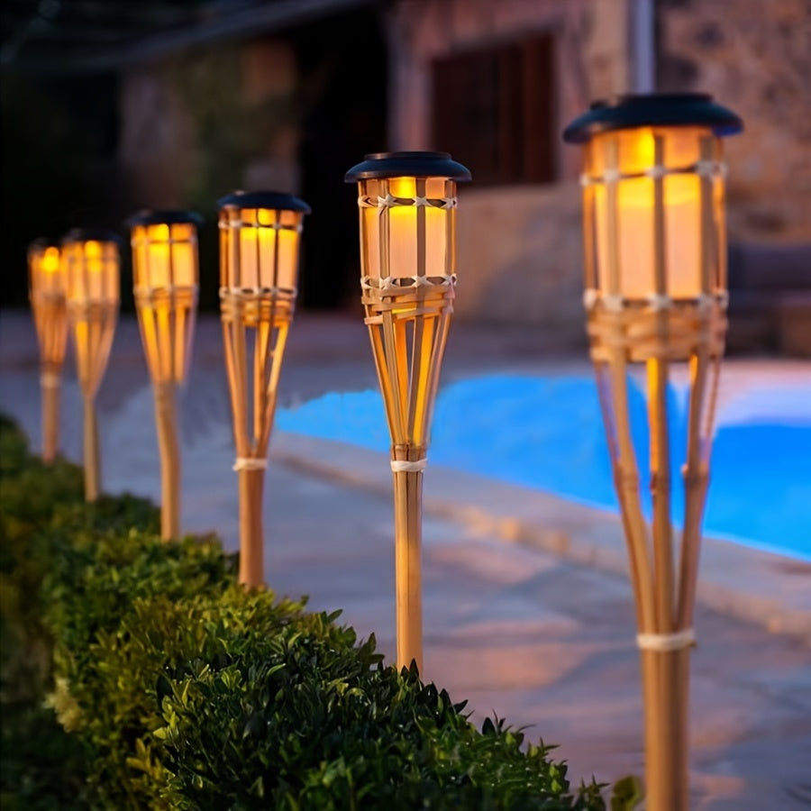 Solar Bamboo Flame Lights | 12-LED Flickering Effect Garden Lanterns, Eco-Friendly Design