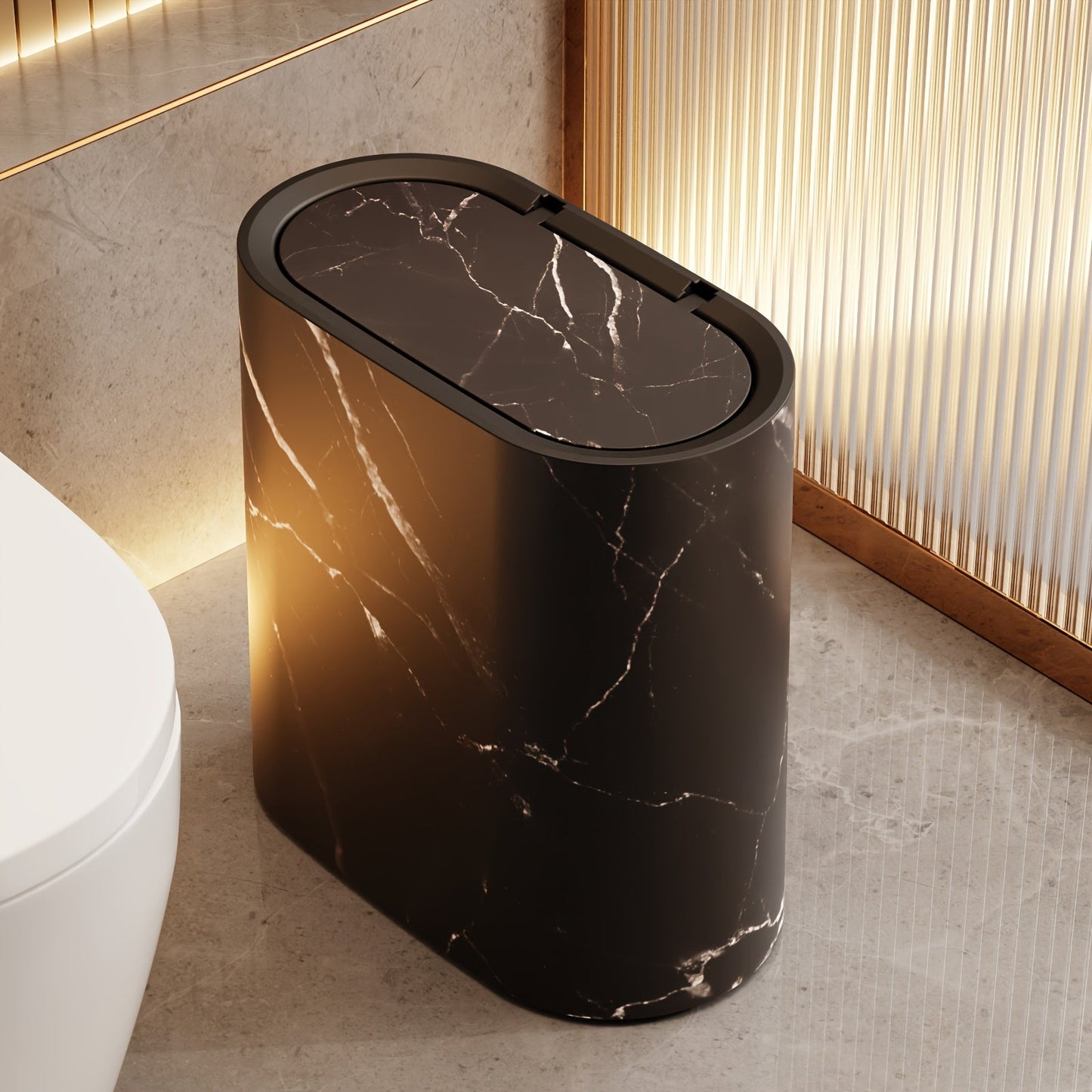 Marble Pattern Trash Can | Space-Saving Oval Design with Lid