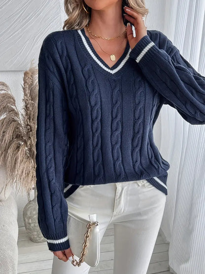 Women's Cable Knit Sweater | V-Neck, Soft Knit Blend, Relaxed Fit | Navy with White Striped Trim, S to 3XL