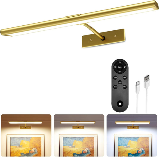 Rechargeable Picture Light | Cordless LED Bar, Magnetic Mount, USB-C | Remote & Touch Dimming, Timer, Gold or Black