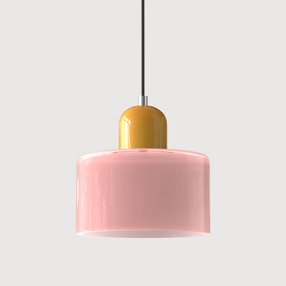 Colored Glass Drum Pendant Light | 5.9 in Bauhaus Shade with Contrast Cap | 36 Color Combos, Adjustable Cord