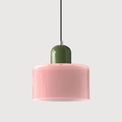 Colored Glass Drum Pendant Light | 5.9 in Bauhaus Shade with Contrast Cap | 36 Color Combos, Adjustable Cord