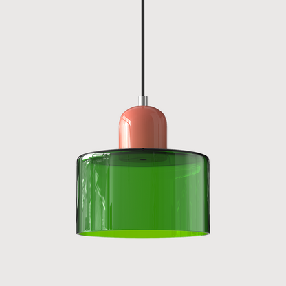 Colored Glass Drum Pendant Light | 5.9 in Bauhaus Shade with Contrast Cap | 36 Color Combos, Adjustable Cord