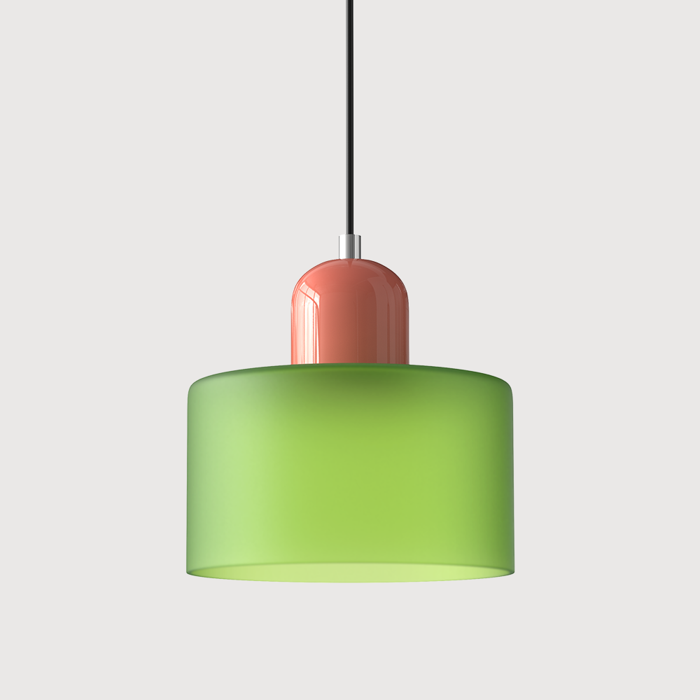 Colored Glass Drum Pendant Light | 5.9 in Bauhaus Shade with Contrast Cap | 36 Color Combos, Adjustable Cord