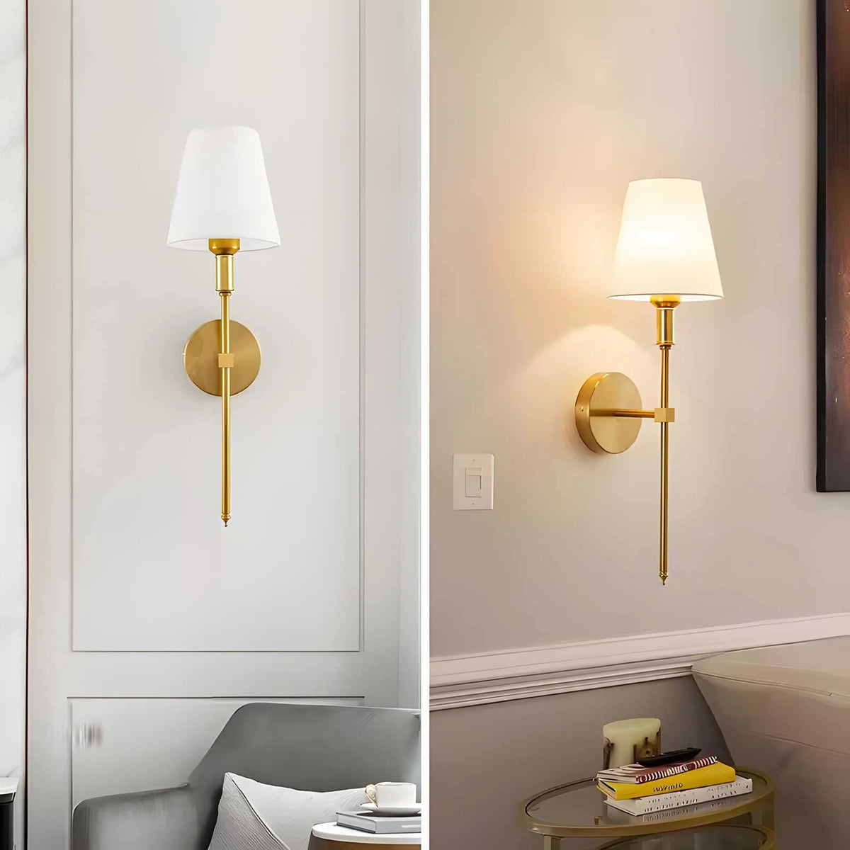 Fabric Shade Wall Sconces, Set of 2 | Rechargeable LED Bulbs with Remote | Stick-On or Screw Mount, 3 Finishes