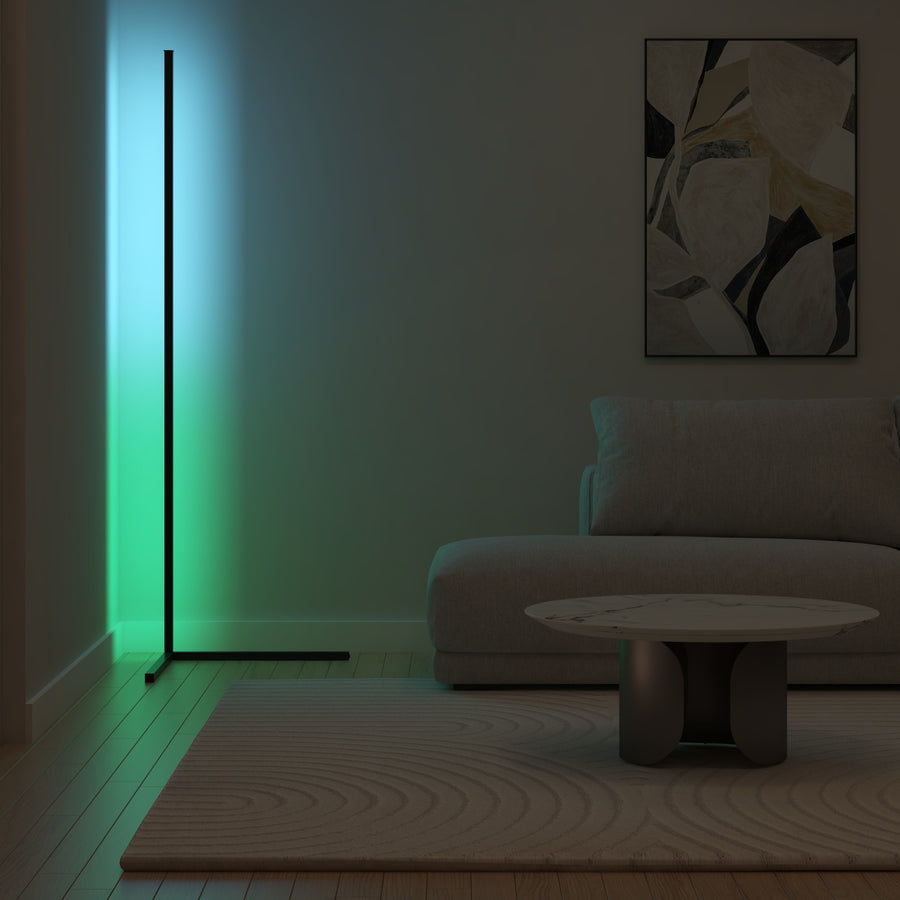 LED Corner Floor Lamp | 56 or 63 in Aluminum Light Bar, RGB or Tunable White | Remote Dimming, Black or White