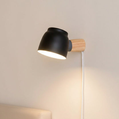 Plug-In Wall Sconce | Metal Bell Shade on a Natural Wood Base | No Hardwiring, White, Black or Gray