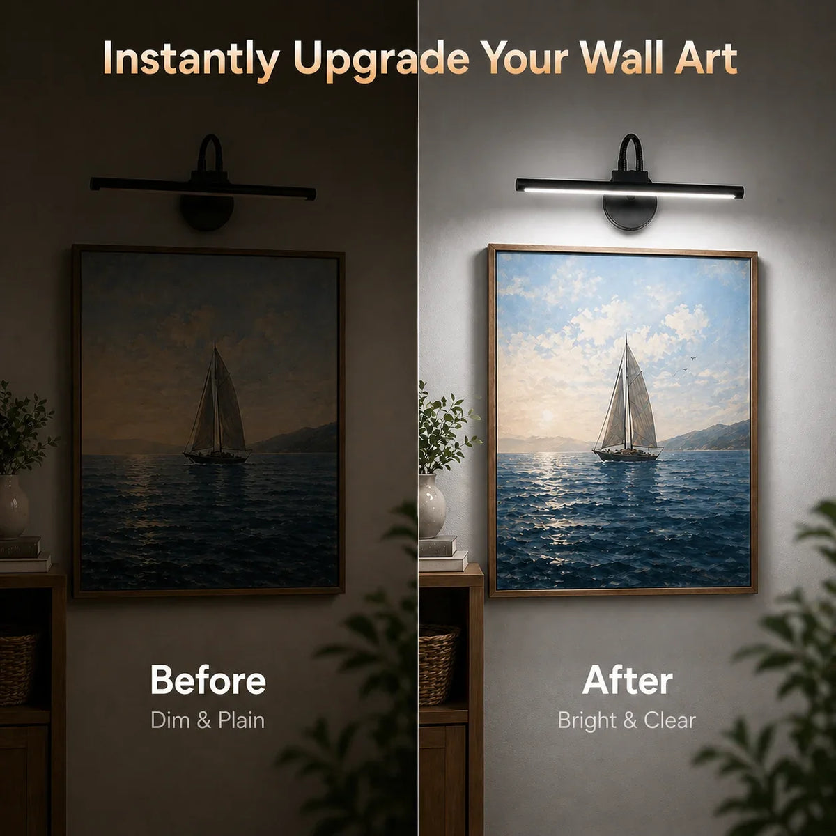Wireless Picture Light | 12.6 in Black LED Bar on a 360° Gooseneck | Remote Dimming, 3 Light Colors, Single or Pair
