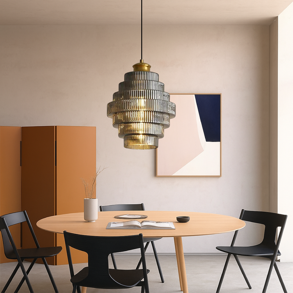 Tiered Glass Pendant Light | Amber, Smoky Gray or Pink Beehive Shade, Metal Cap | 8.7 x 11.8 in Hanging Light
