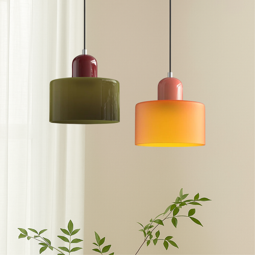 Colored Glass Drum Pendant Light | 5.9 in Bauhaus Shade with Contrast Cap | 36 Color Combos, Adjustable Cord