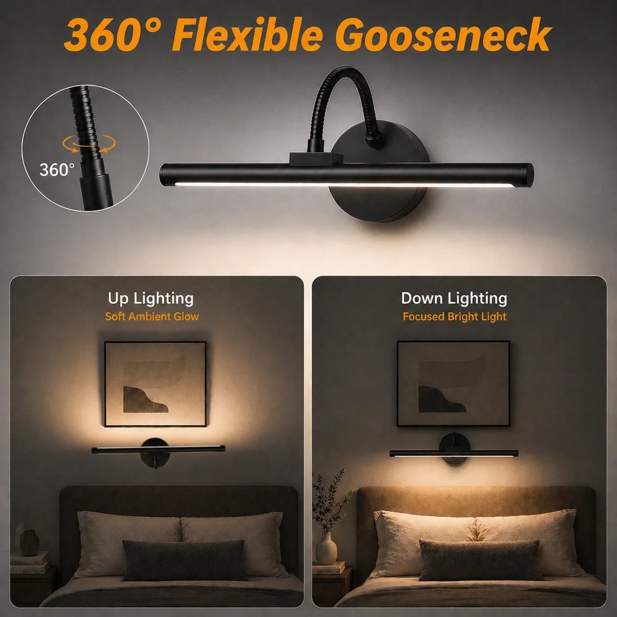 Wireless Picture Light | 12.6 in Black LED Bar on a 360° Gooseneck | Remote Dimming, 3 Light Colors, Single or Pair