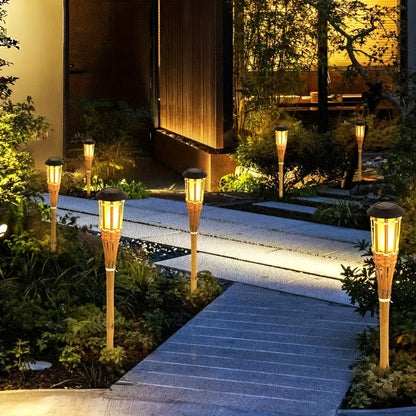 Solar Bamboo Flame Lights | 12-LED Flickering Effect Garden Lanterns, Eco-Friendly Design