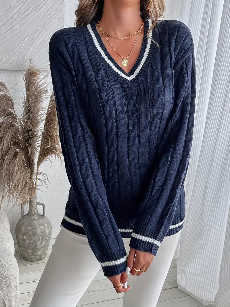 Women's Cable Knit Sweater | V-Neck, Soft Knit Blend, Relaxed Fit | Navy with White Striped Trim, S to 3XL