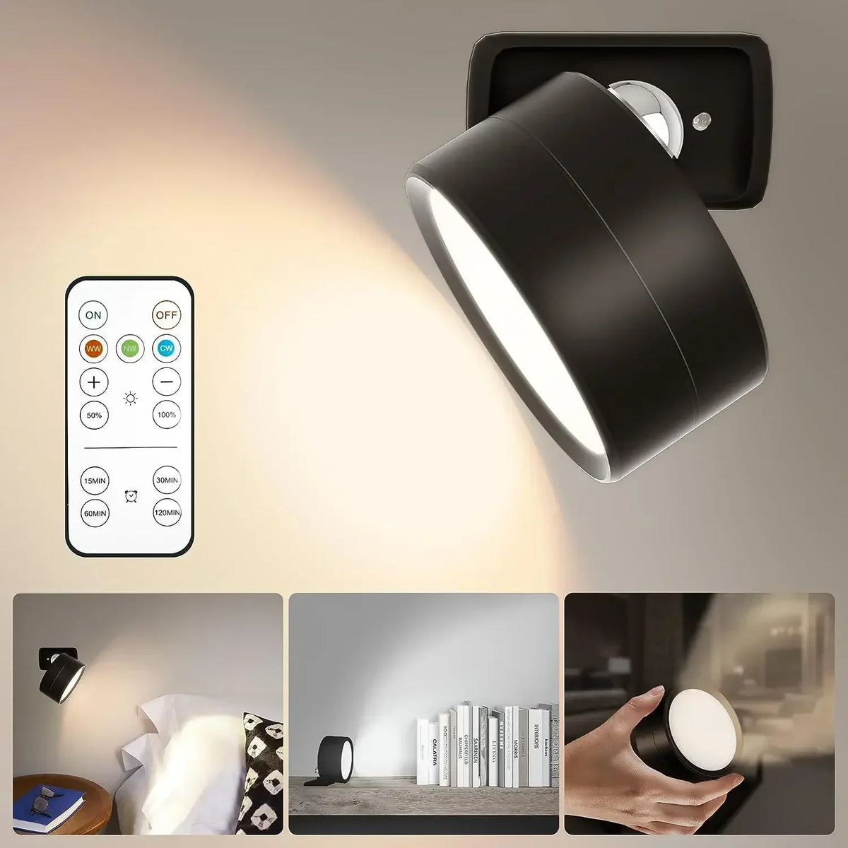 Rechargeable Wall Sconce | Magnetic LED Puck Light, 360° Swivel | Remote and Touch Dimming, Single or Set of 2