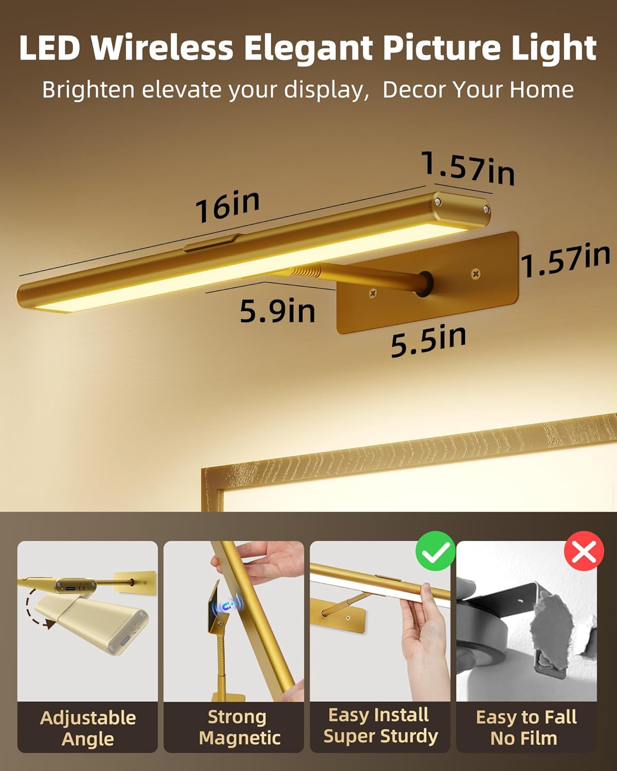 Rechargeable Picture Light | Cordless LED Bar, Magnetic Mount, USB-C | Remote & Touch Dimming, Timer, Gold or Black