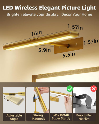 Rechargeable Picture Light | Cordless LED Bar, Magnetic Mount, USB-C | Remote & Touch Dimming, Timer, Gold or Black