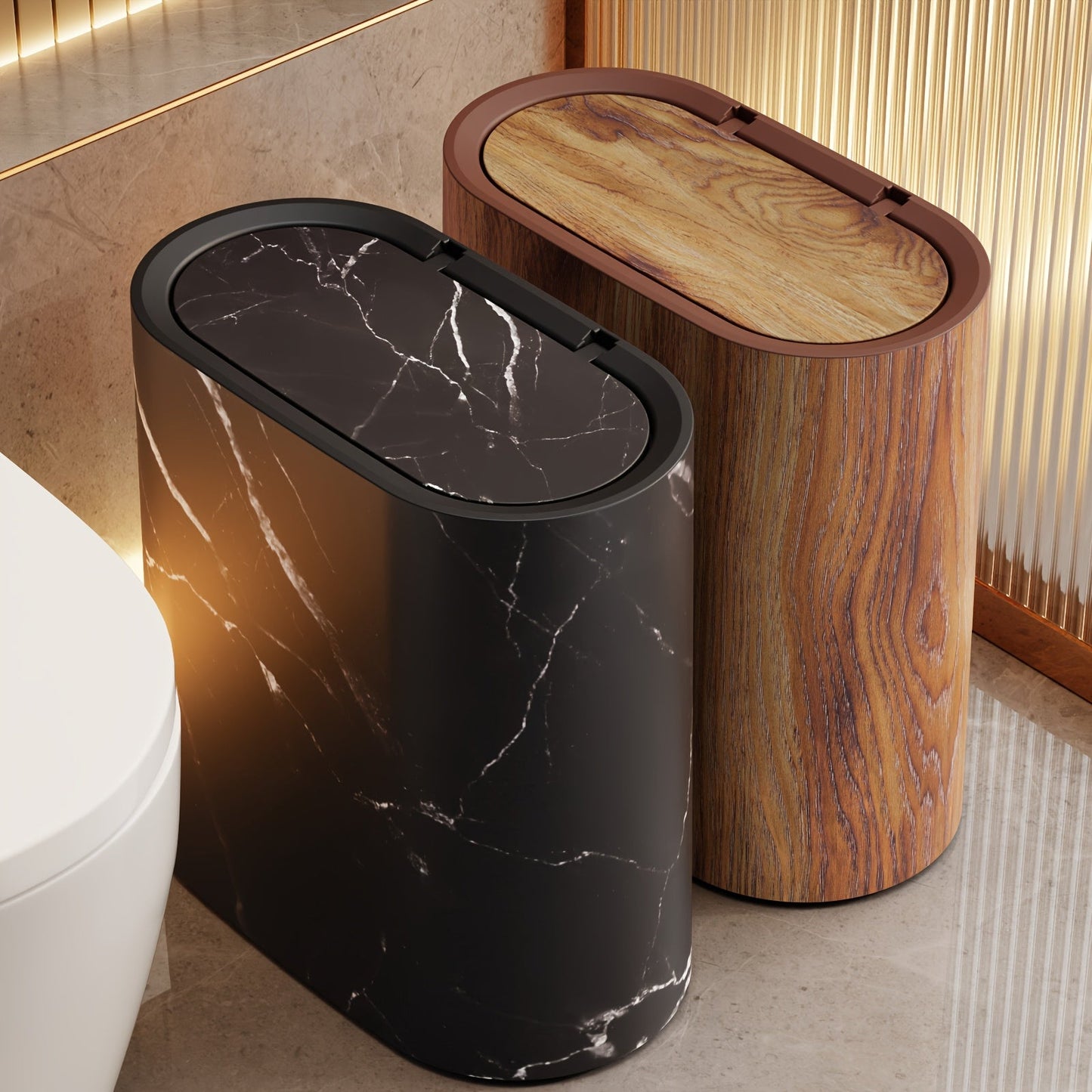 Marble Pattern Trash Can | Space-Saving Oval Design with Lid
