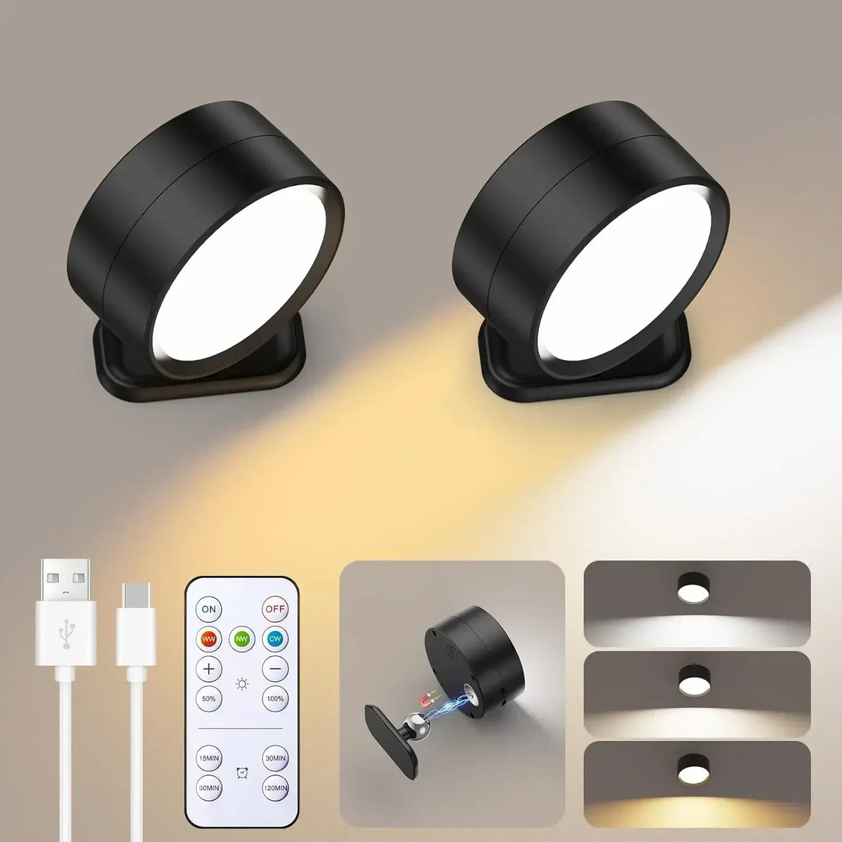 Rechargeable Wall Sconce | Magnetic LED Puck Light, 360° Swivel | Remote and Touch Dimming, Single or Set of 2