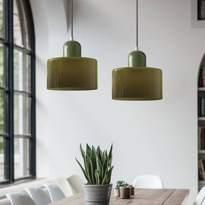 Colored Glass Drum Pendant Light | 5.9 in Bauhaus Shade with Contrast Cap | 36 Color Combos, Adjustable Cord