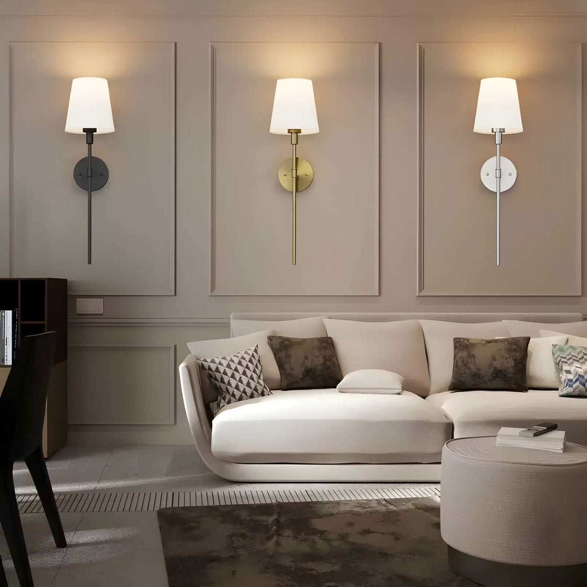 Fabric Shade Wall Sconces, Set of 2 | Rechargeable LED Bulbs with Remote | Stick-On or Screw Mount, 3 Finishes