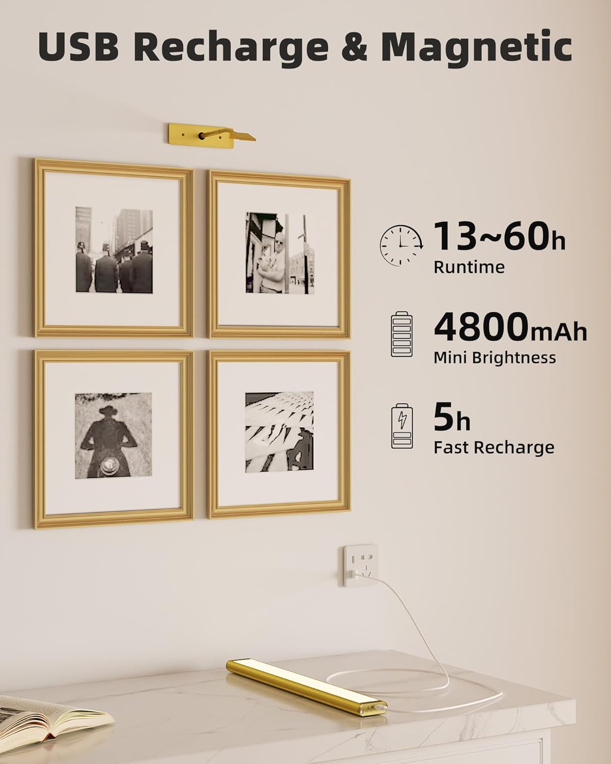 Rechargeable Picture Light | Cordless LED Bar, Magnetic Mount, USB-C | Remote & Touch Dimming, Timer, Gold or Black