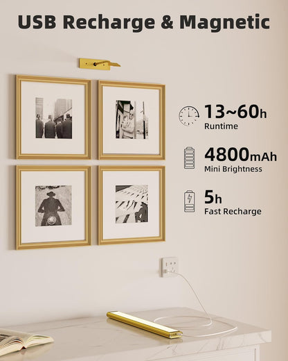 Rechargeable Picture Light | Cordless LED Bar, Magnetic Mount, USB-C | Remote & Touch Dimming, Timer, Gold or Black