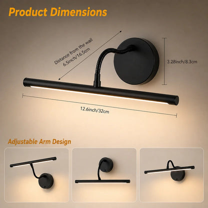 Wireless Picture Light | 12.6 in Black LED Bar on a 360° Gooseneck | Remote Dimming, 3 Light Colors, Single or Pair