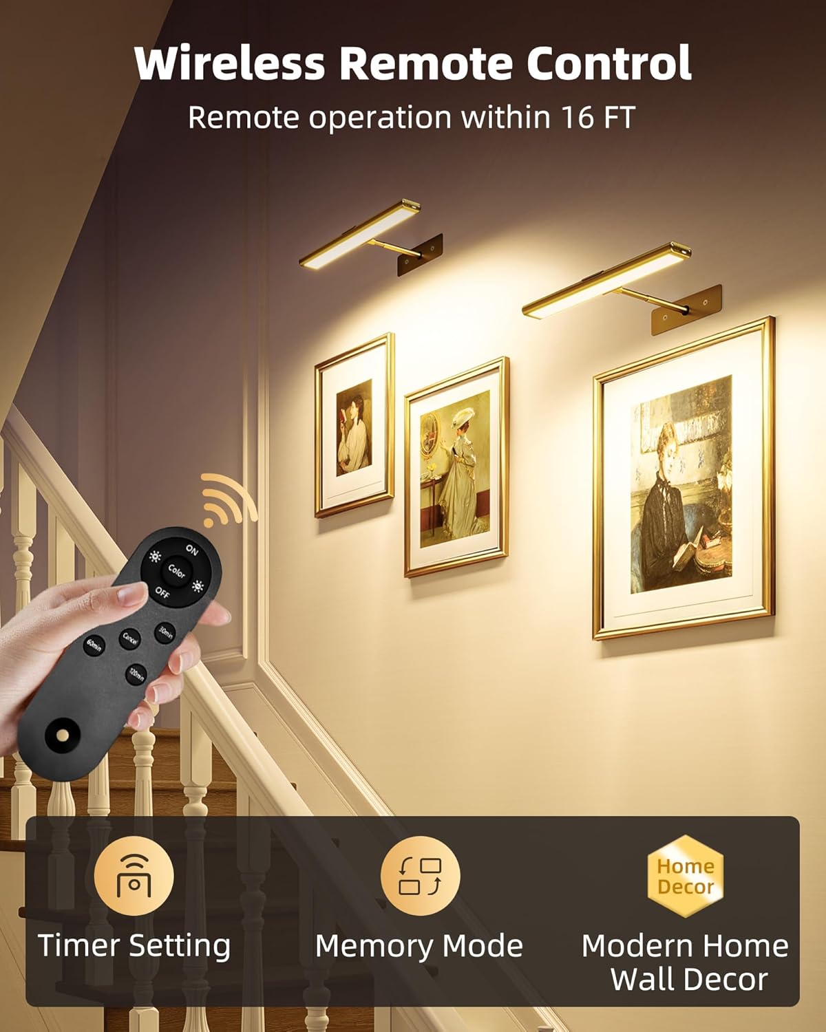 Rechargeable Picture Light | Cordless LED Bar, Magnetic Mount, USB-C | Remote & Touch Dimming, Timer, Gold or Black