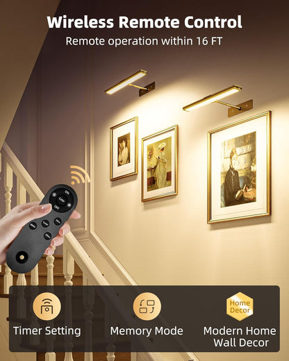 Rechargeable Picture Light | Cordless LED Bar, Magnetic Mount, USB-C | Remote & Touch Dimming, Timer, Gold or Black