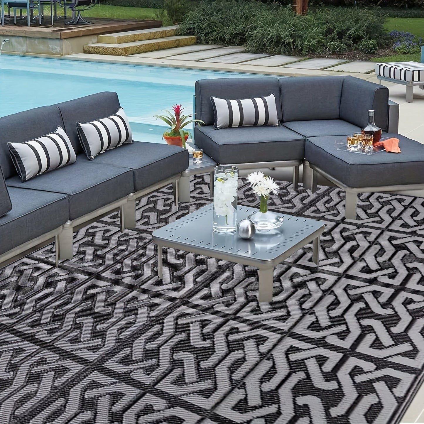 Outdoor Rug | Reversible Black & Grey Geometric Mat, Lightweight & Easy to Clean