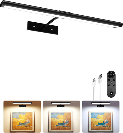 Rechargeable Picture Light | Cordless LED Bar, Magnetic Mount, USB-C | Remote & Touch Dimming, Timer, Gold or Black