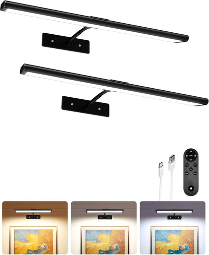 Rechargeable Picture Light | Cordless LED Bar, Magnetic Mount, USB-C | Remote & Touch Dimming, Timer, Gold or Black