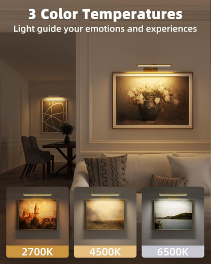 Rechargeable Picture Light | Cordless LED Bar, Magnetic Mount, USB-C | Remote & Touch Dimming, Timer, Gold or Black