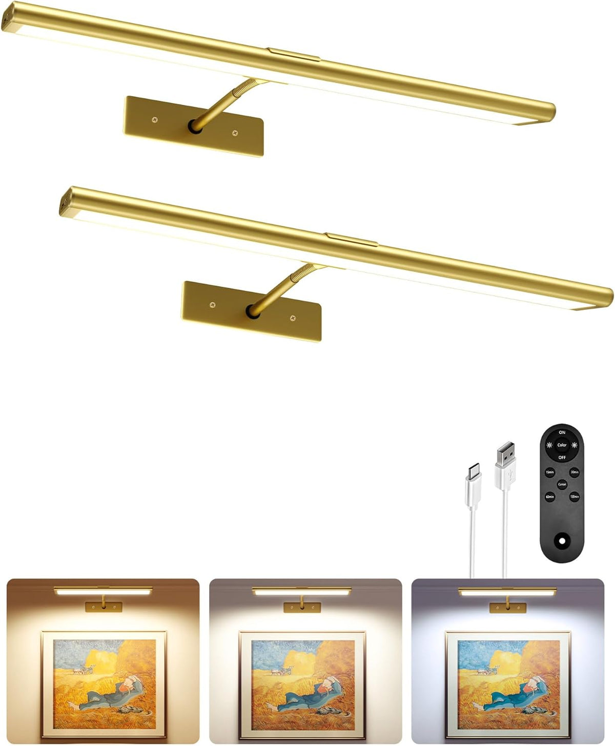 Rechargeable Picture Light | Cordless LED Bar, Magnetic Mount, USB-C | Remote & Touch Dimming, Timer, Gold or Black
